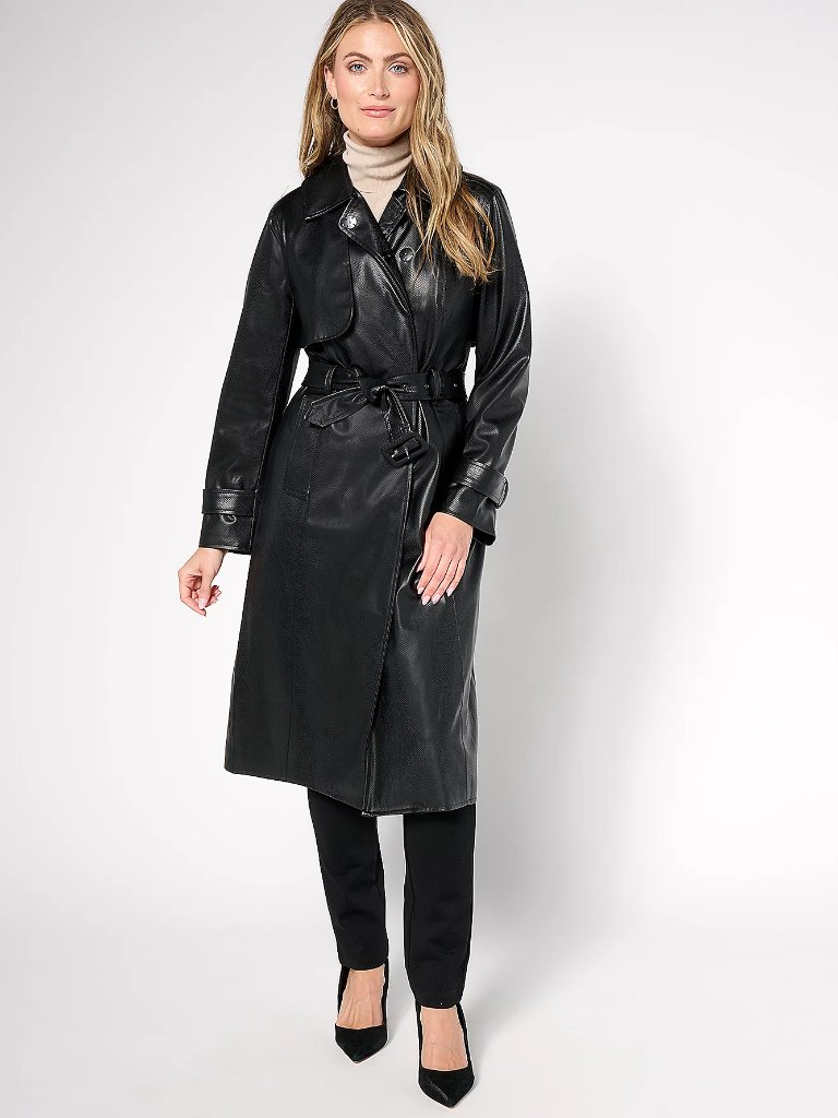 By Stacy London Petite Embossed Snake Faux-Leather Trench Coat, Blk Sz Pm A66228